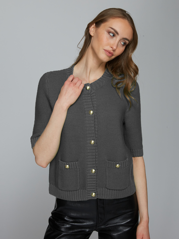 Button Front Elbow Sleeve Jacket W/ Pockets in Concrete