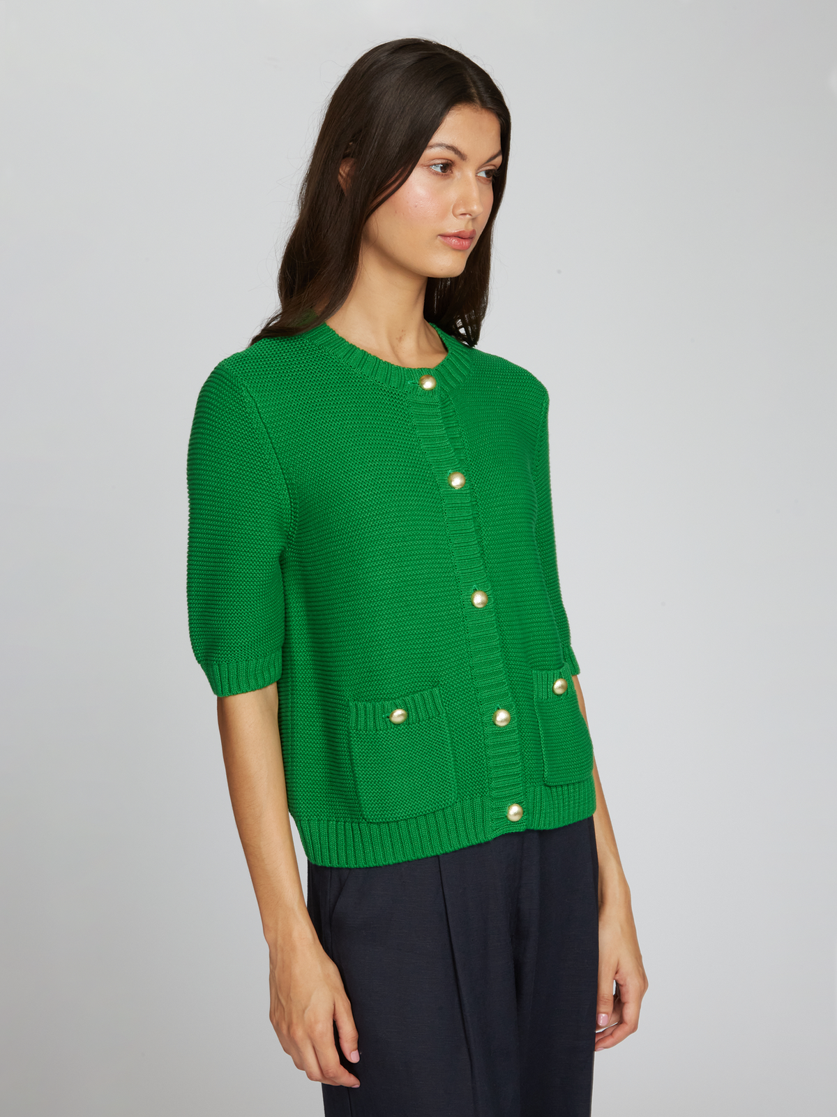 Button Front Elbow Sleeve Jacket W/ Pockets in Clover