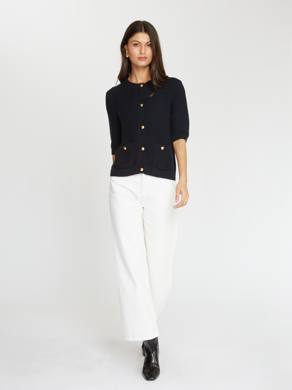 Button Front Elbow Sleeve Jacket W/ Pockets in Navy