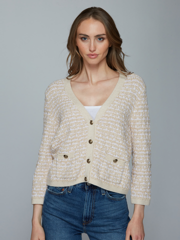 Cropped Texture Stitch V-Neck Jacket in Natural Combo