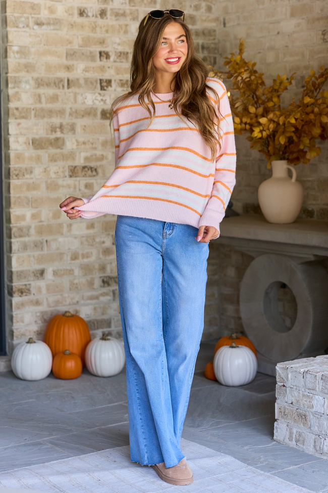 Color Me Cozy Pink Orange Striped Crew Neck Sweater