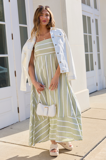 Come Sail Away Sage Striped Maxi Dress