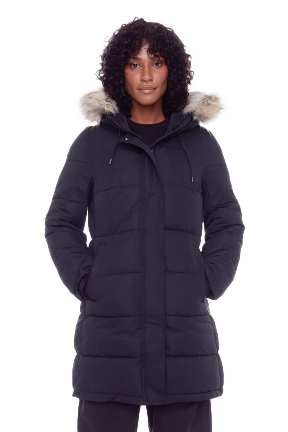 AULAVIK | WOMEN'S VEGAN DOWN (RECYCLED) MID-LENGTH HOODED PARKA COAT, BLACK