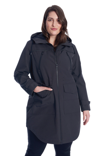 KUSAWA PLUS | WOMEN'S DRAWSTRING RAINCOAT, BLACK (PLUS SIZE)