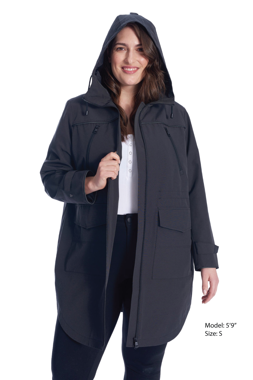KUSAWA PLUS | WOMEN'S DRAWSTRING RAINCOAT, BLACK (PLUS SIZE)