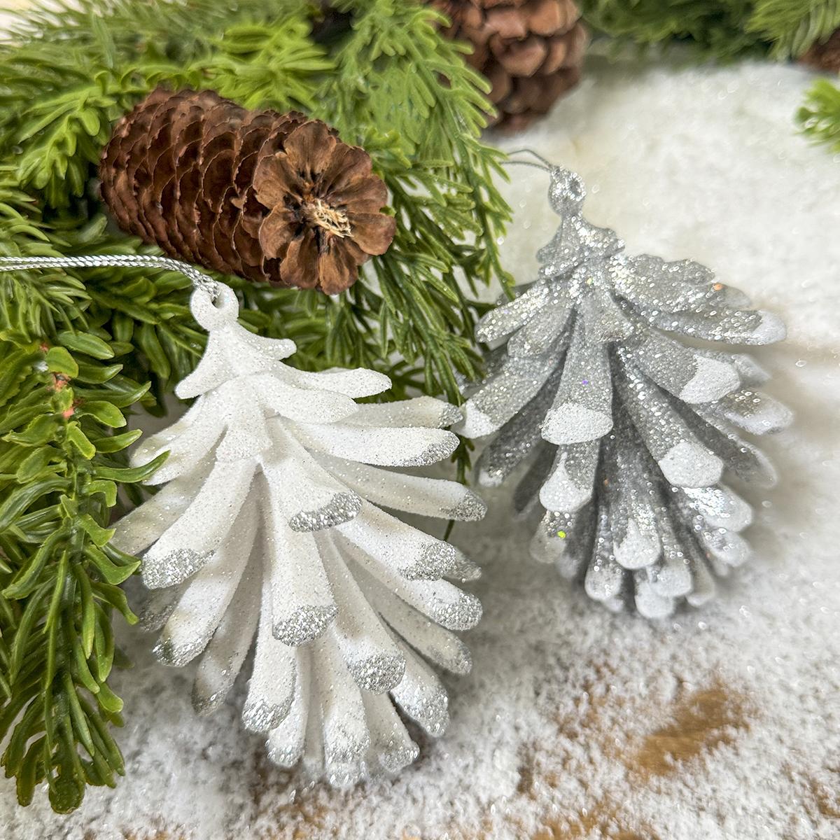 White or Silver Glitter Pinecone Ornament