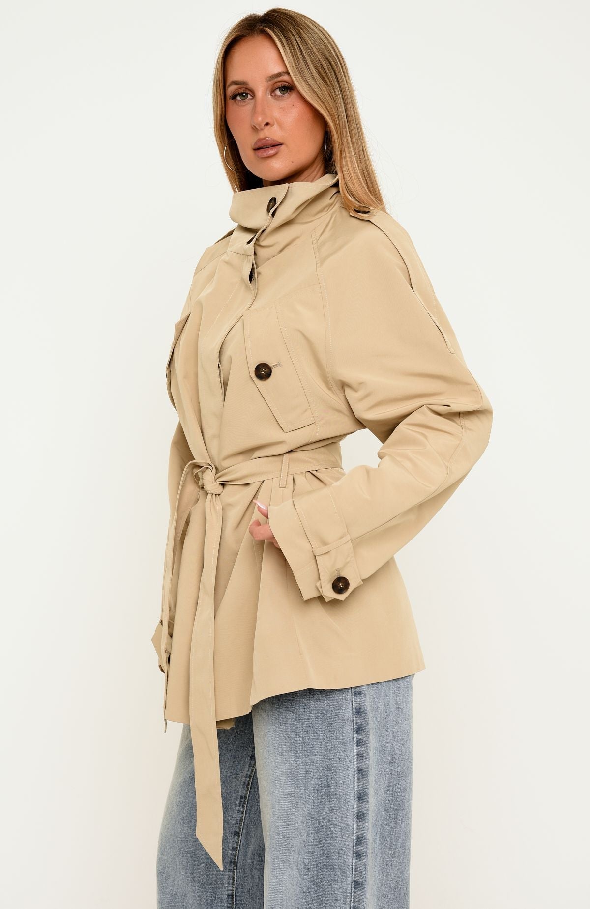 Thessaly Funnel Neck Cropped Trench Jacket Sand