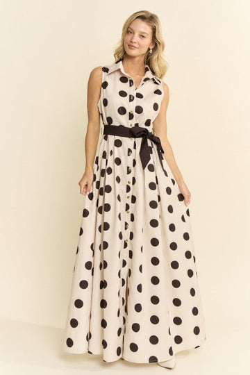 POLKA DOT BUTTON DOWN BELTED SLEEVELESS SHIRT DRESS