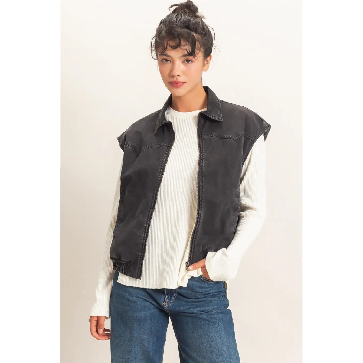 MINERAL WASH SLEEVELESS ZIP-UP COLLAR VEST