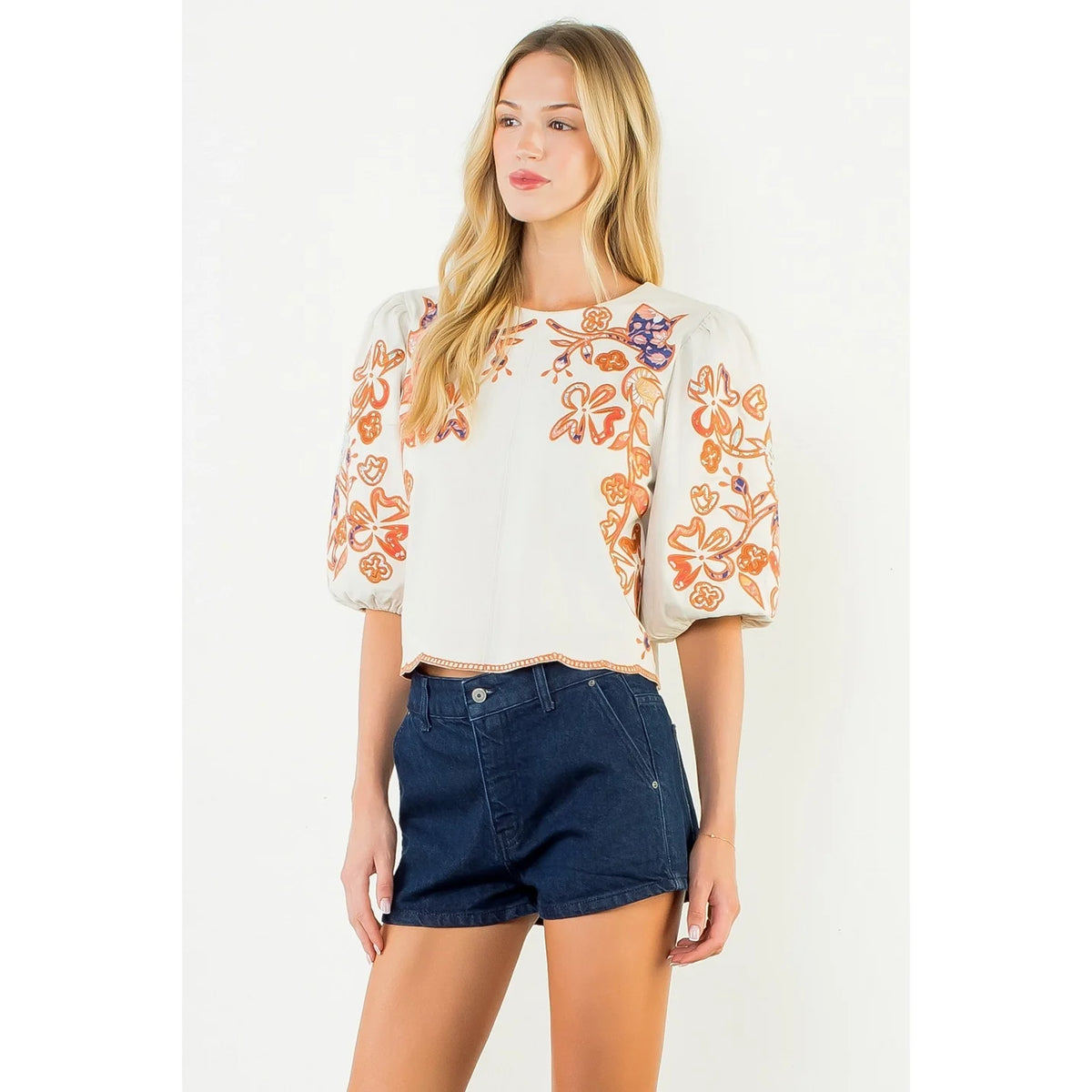 FLORAL EMBROIDERED PUFF SLEEVE TOP