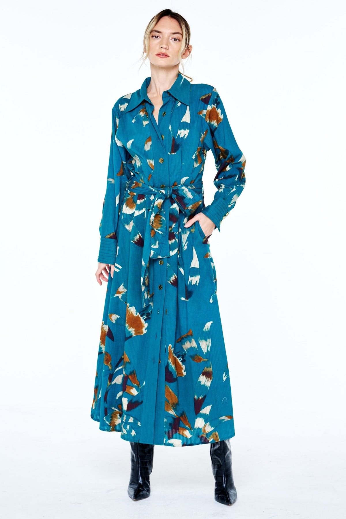 POLYNA PRINTED SEERSUCKER MAXI SHIRT DRESS