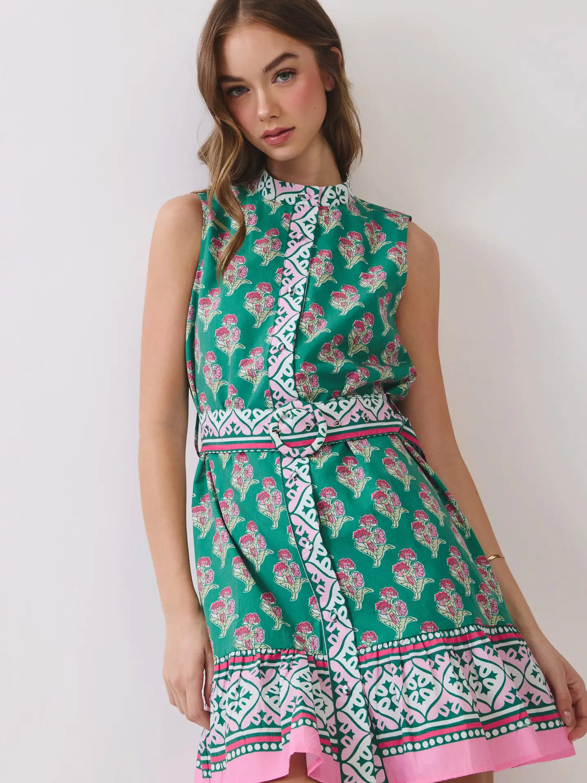 FLORAL BORDER PRINT BELTED MINI DRESS