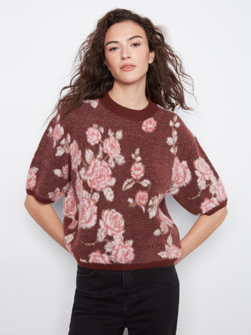 Balloon Elbow Sleeve Floral Jacquard Knit Sweater - Rosette