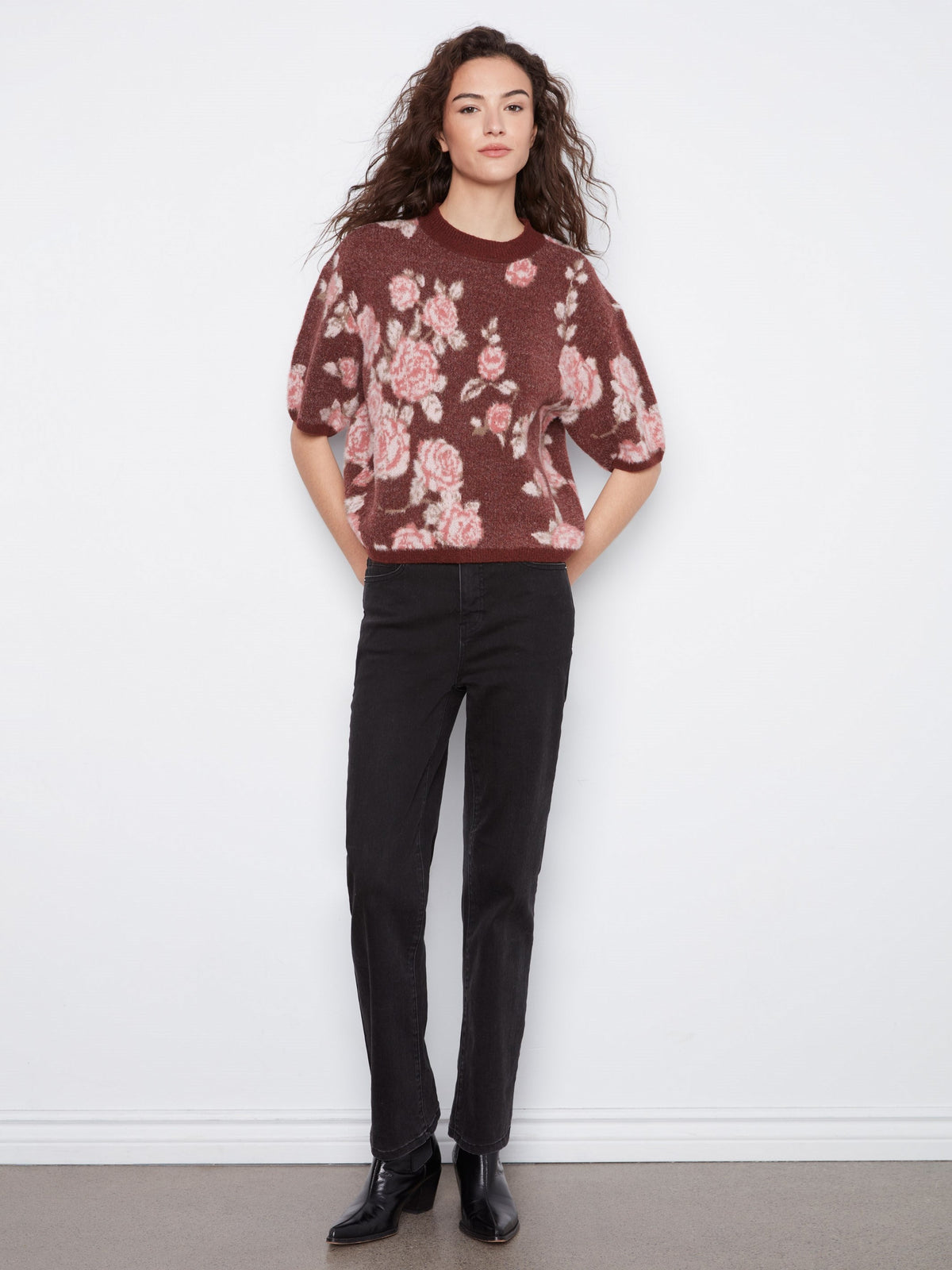 Balloon Elbow Sleeve Floral Jacquard Knit Sweater - Rosette
