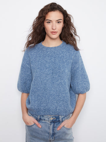Balloon Elbow Sleeve Knit Sweater - Heather Denim