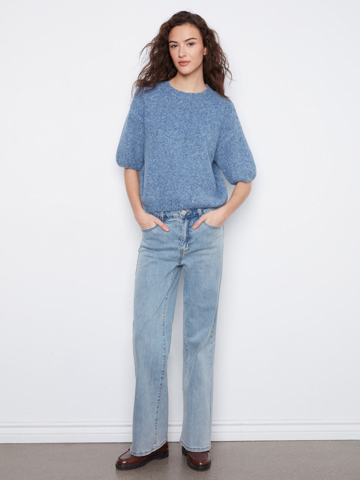 Balloon Elbow Sleeve Knit Sweater - Heather Denim