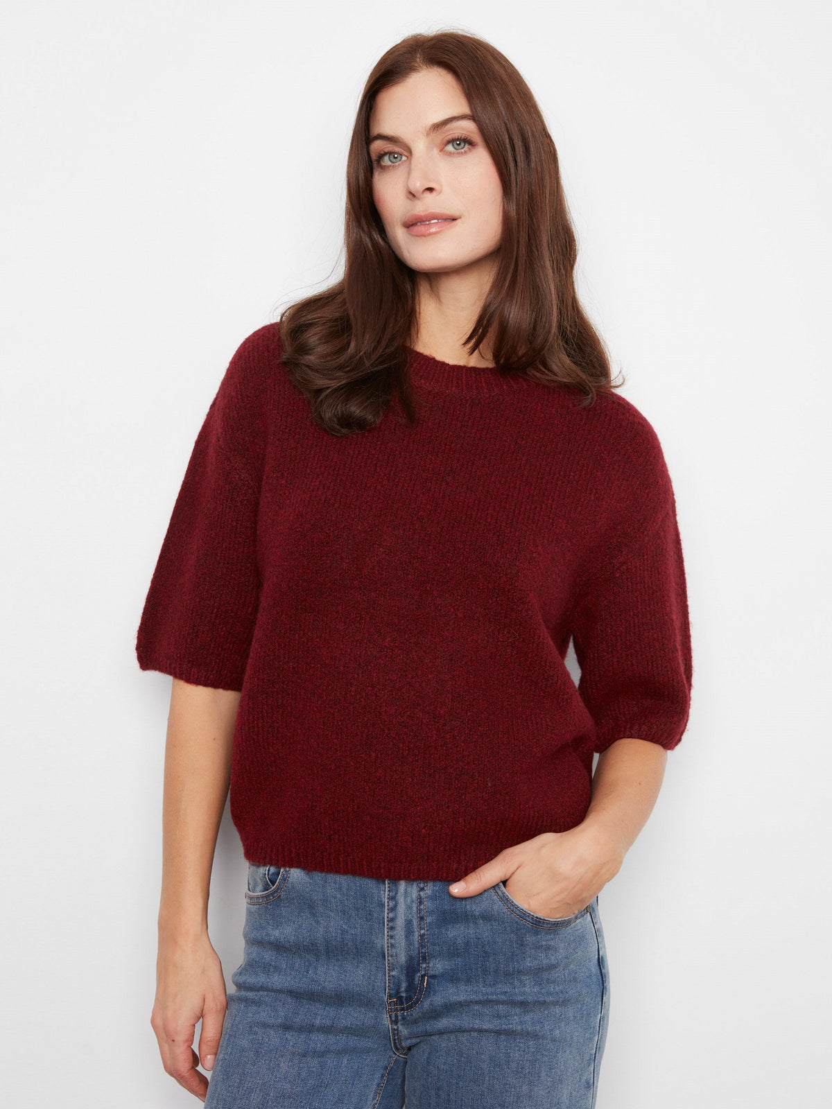 Balloon Elbow Sleeve Knit Sweater - Heather Merlot