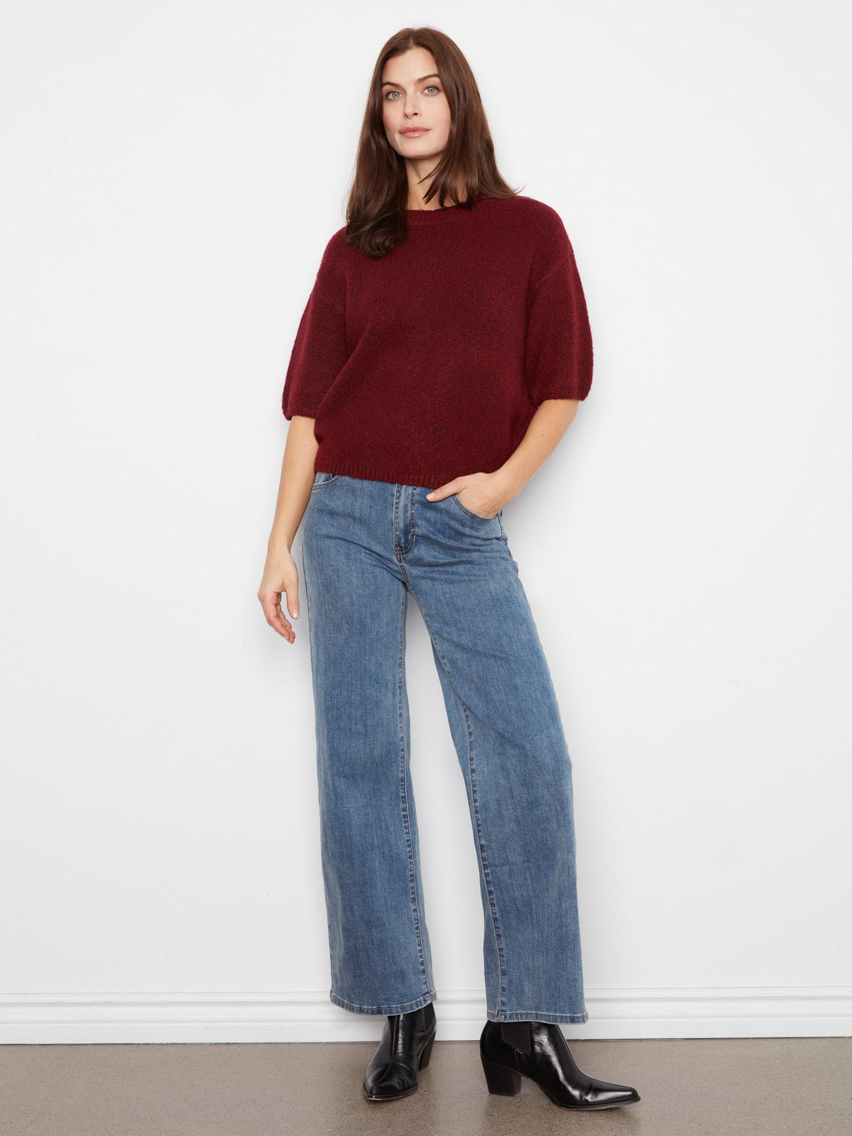 Balloon Elbow Sleeve Knit Sweater - Heather Merlot