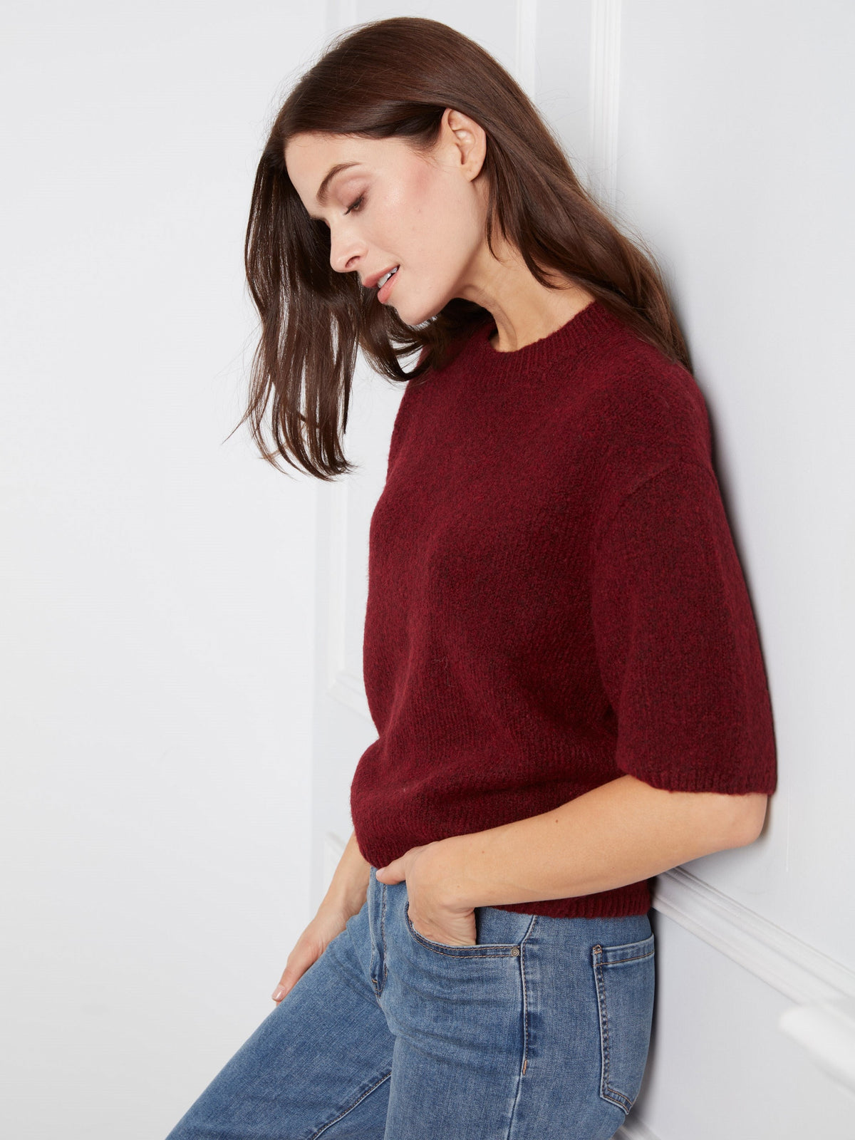 Balloon Elbow Sleeve Knit Sweater - Heather Merlot