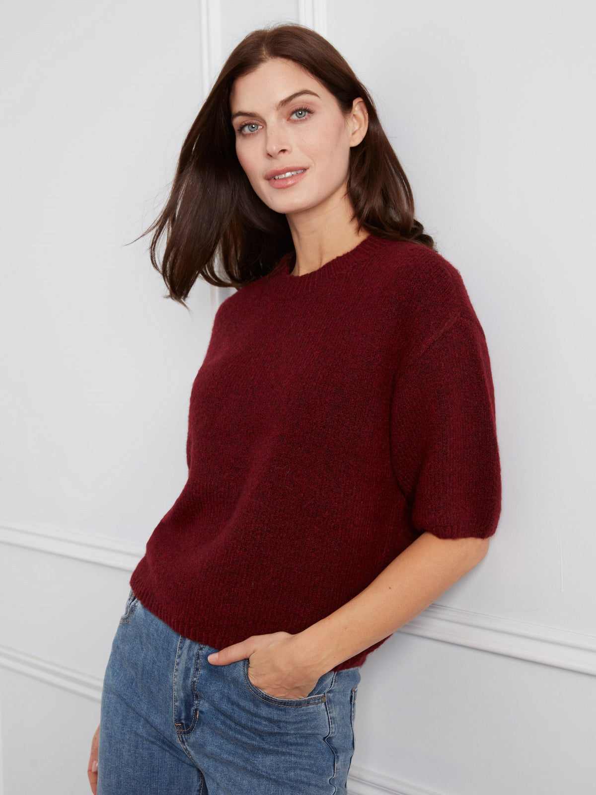 Balloon Elbow Sleeve Knit Sweater - Heather Merlot