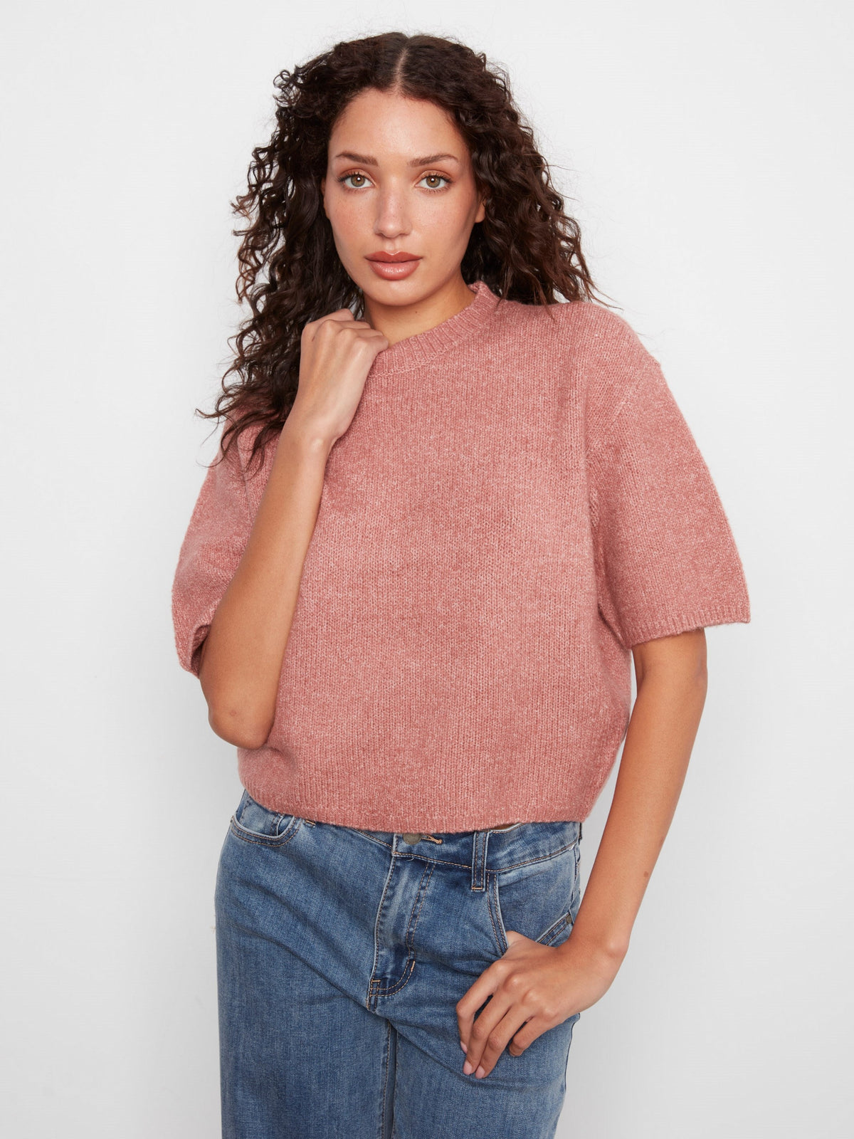 Balloon Elbow Sleeve Knit Sweater - Heather Carnation