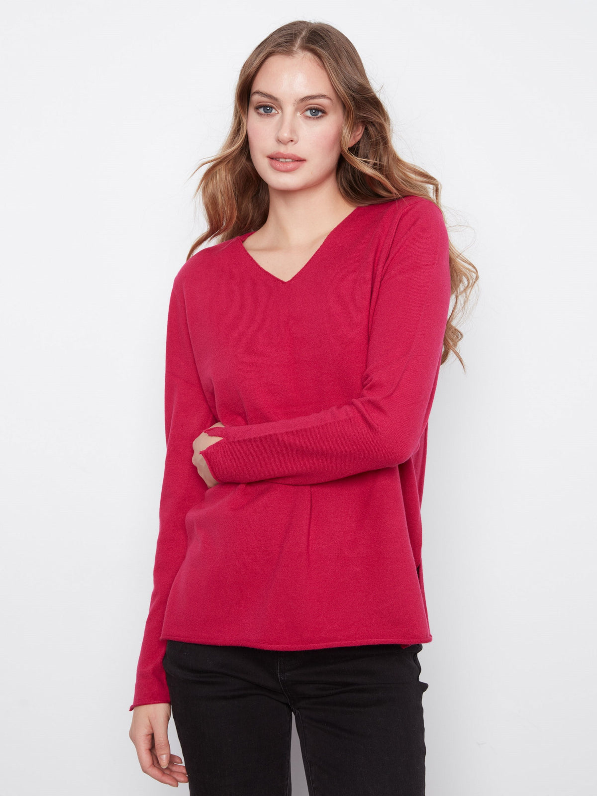 Basic V-Neck Sweater - Cherry