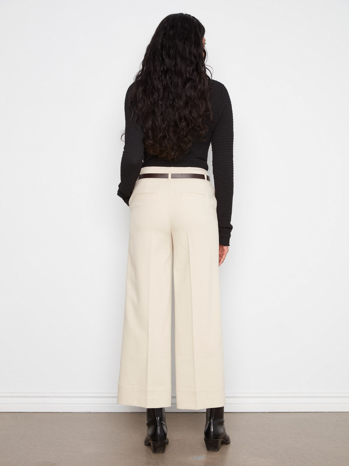 Belted Wide Leg Crepe Pants - Beige