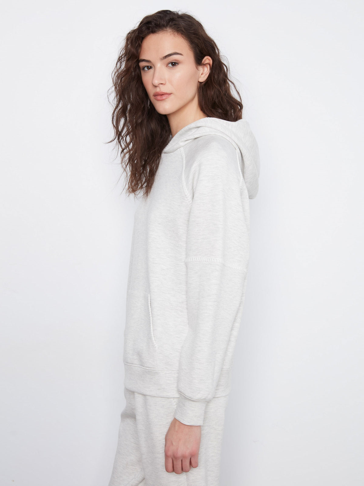 Blanket Stitch Soft Scuba Hoodie - Heather Light Grey