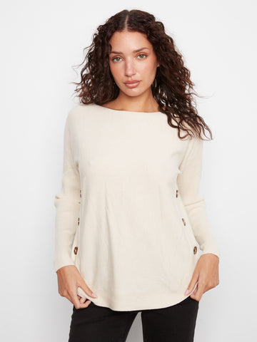 Boat Neck Sweater With Side Buttons - Heather Natural
