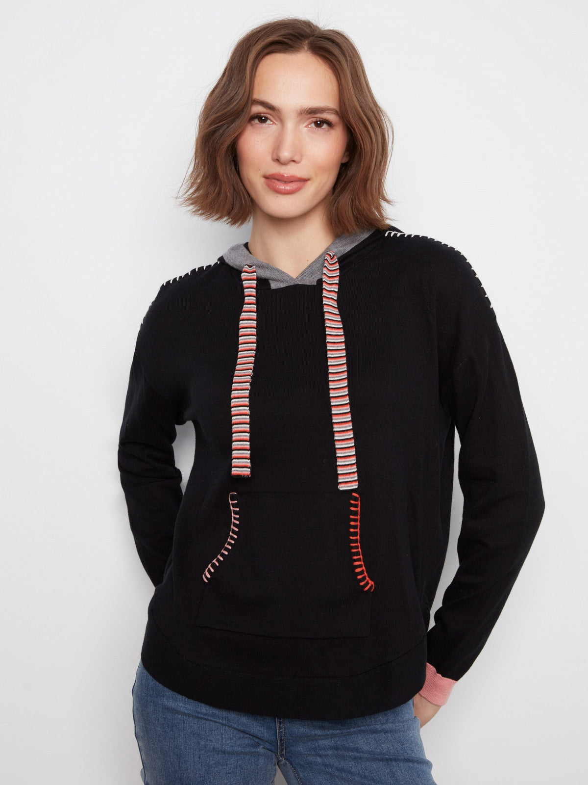 Contrast Detail Hooded Sweater - Black