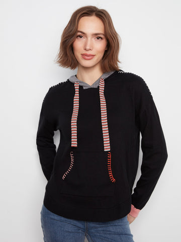 Contrast Detail Hooded Sweater - Black