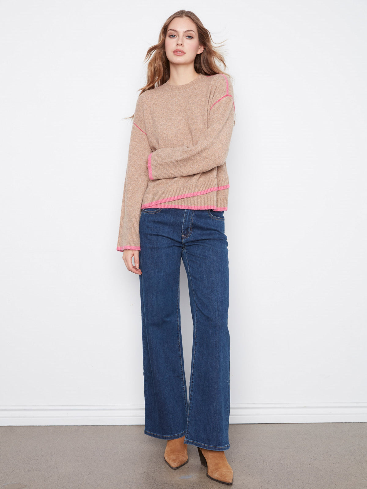 Contrast Trim Crew Neck Sweater - Heather Camel
