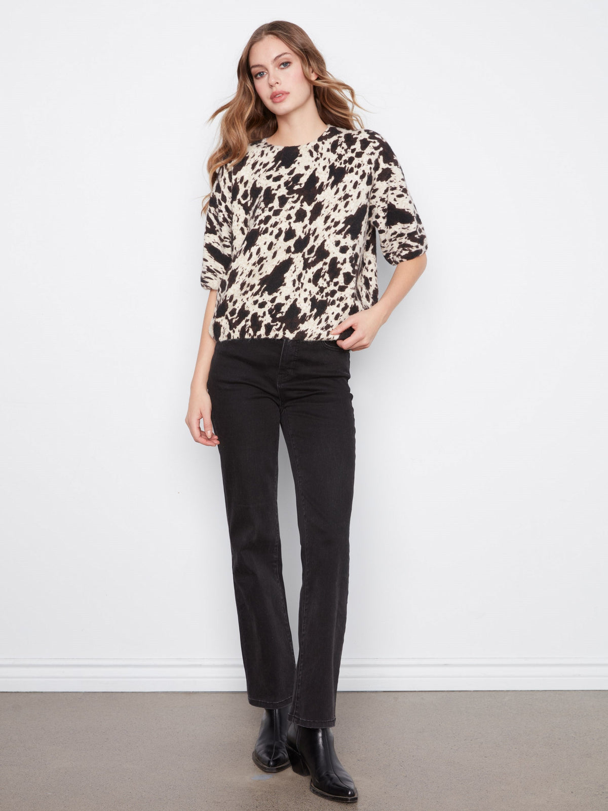 Cow Print Balloon Elbow Sleeve Knit Sweater - Spots
