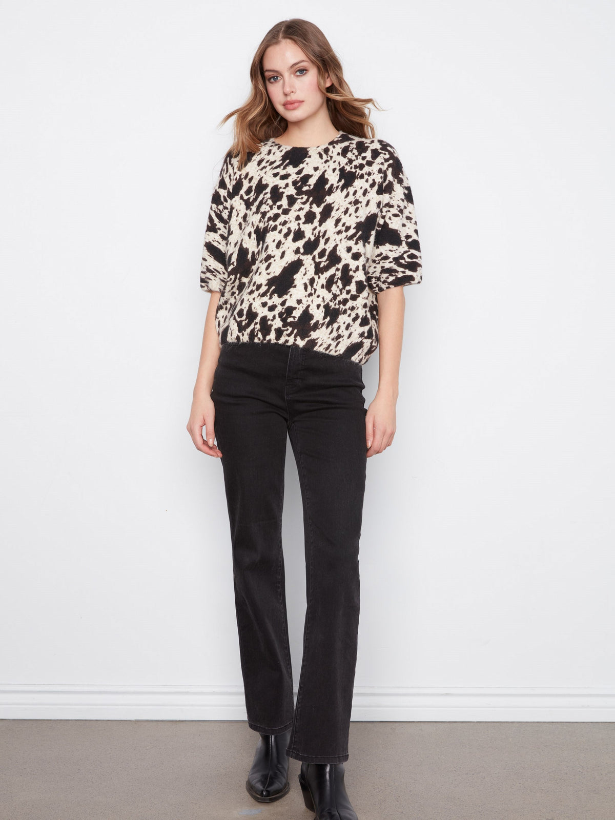 Cow Print Balloon Elbow Sleeve Knit Sweater - Spots