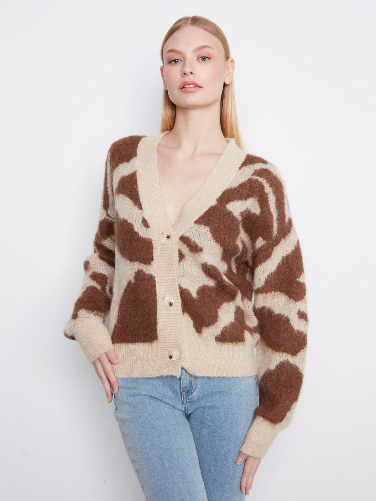 Cow Print V-Neck Cardigan - Ranch