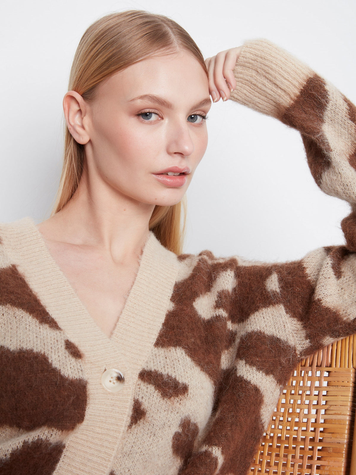 Cow Print V-Neck Cardigan - Ranch