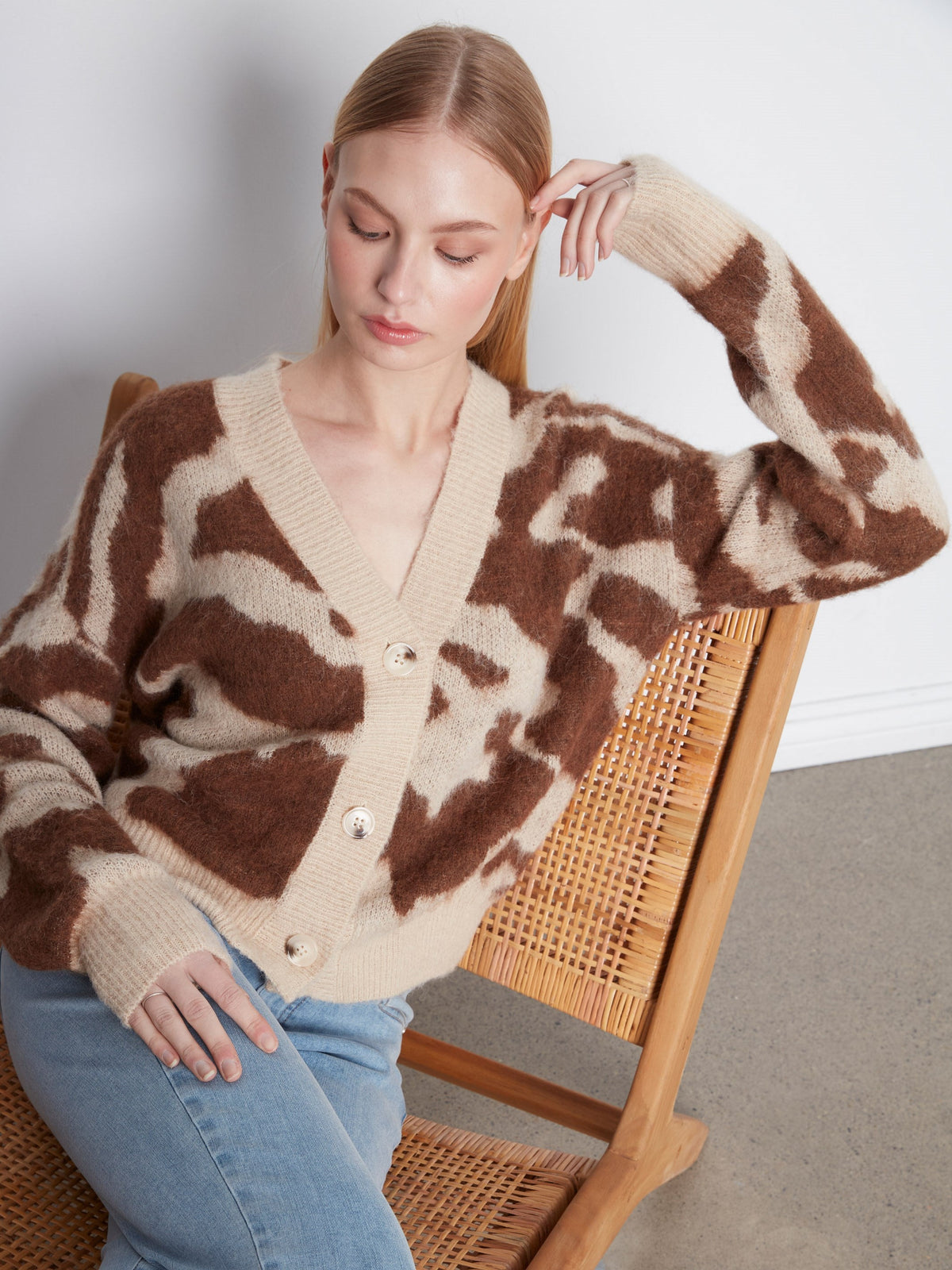 Cow Print V-Neck Cardigan - Ranch