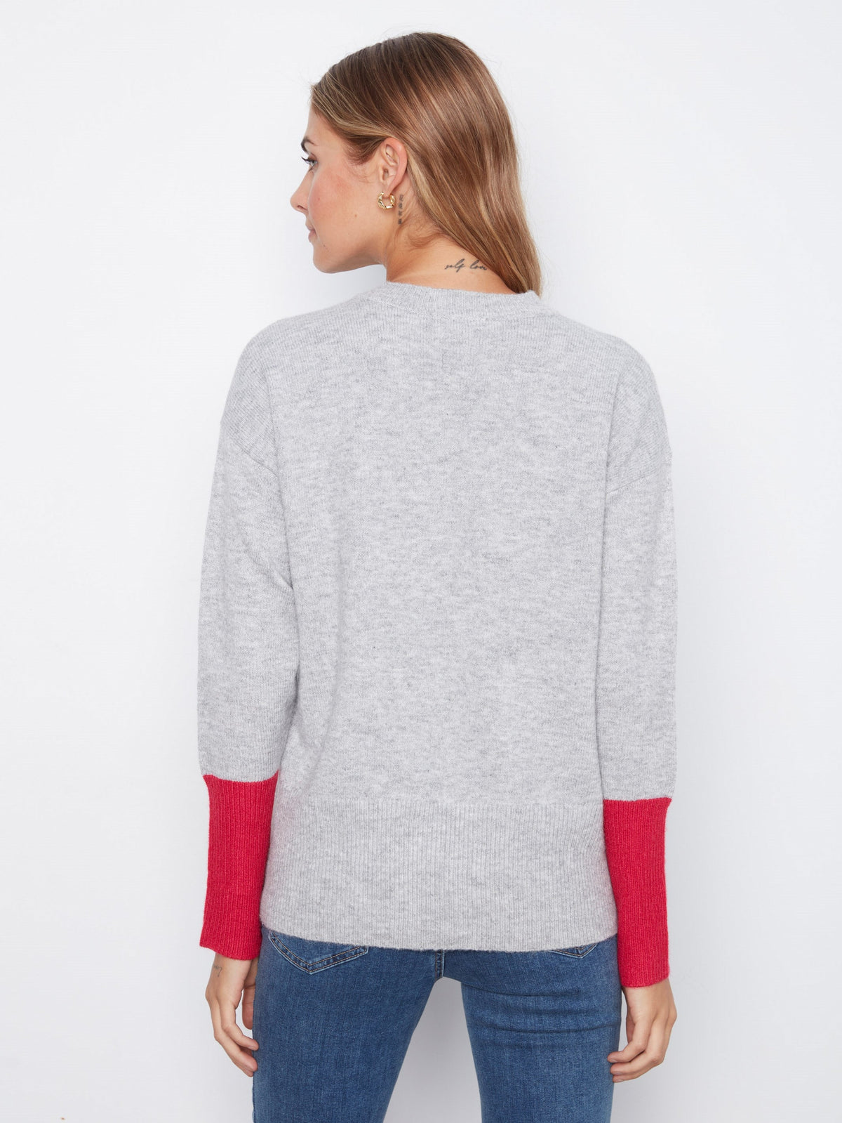 Crew Neck Sweater With Contrast Details - Heather Grey