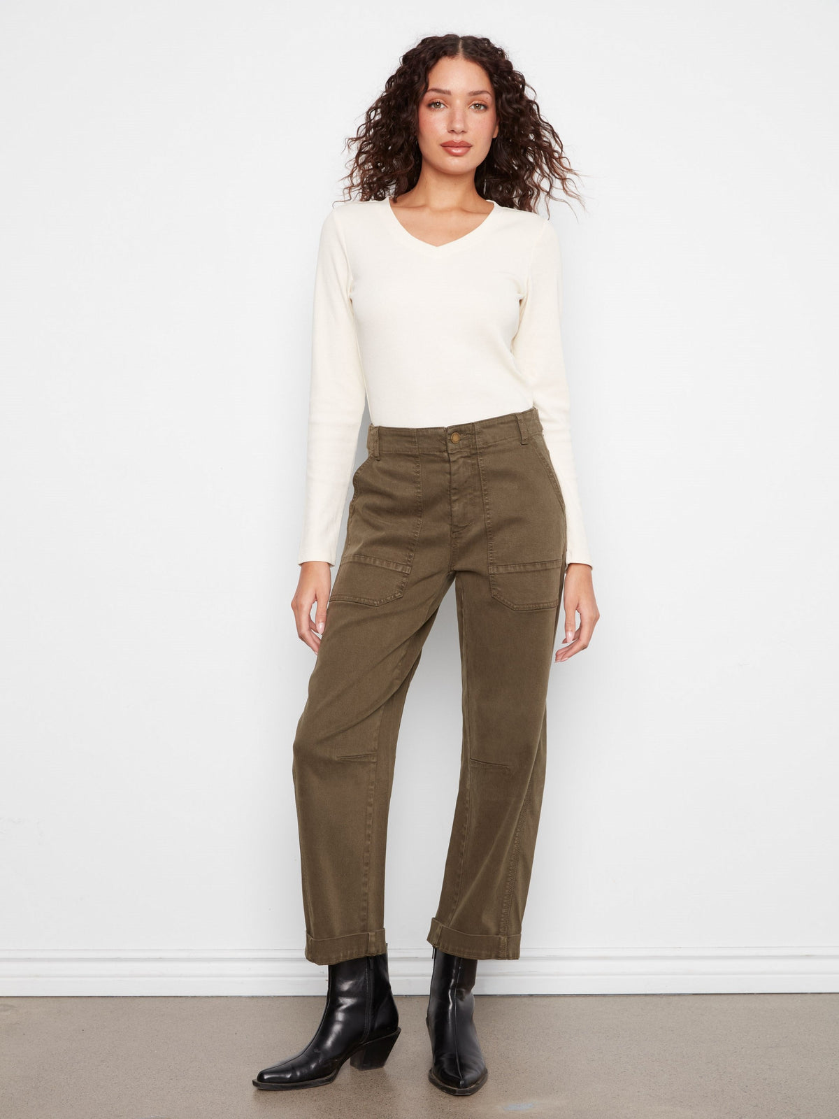 Cropped Barrel Leg Twill Pants - Olive