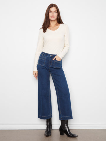 Cropped Patch Pocket Wide Leg Jeans - Indigo