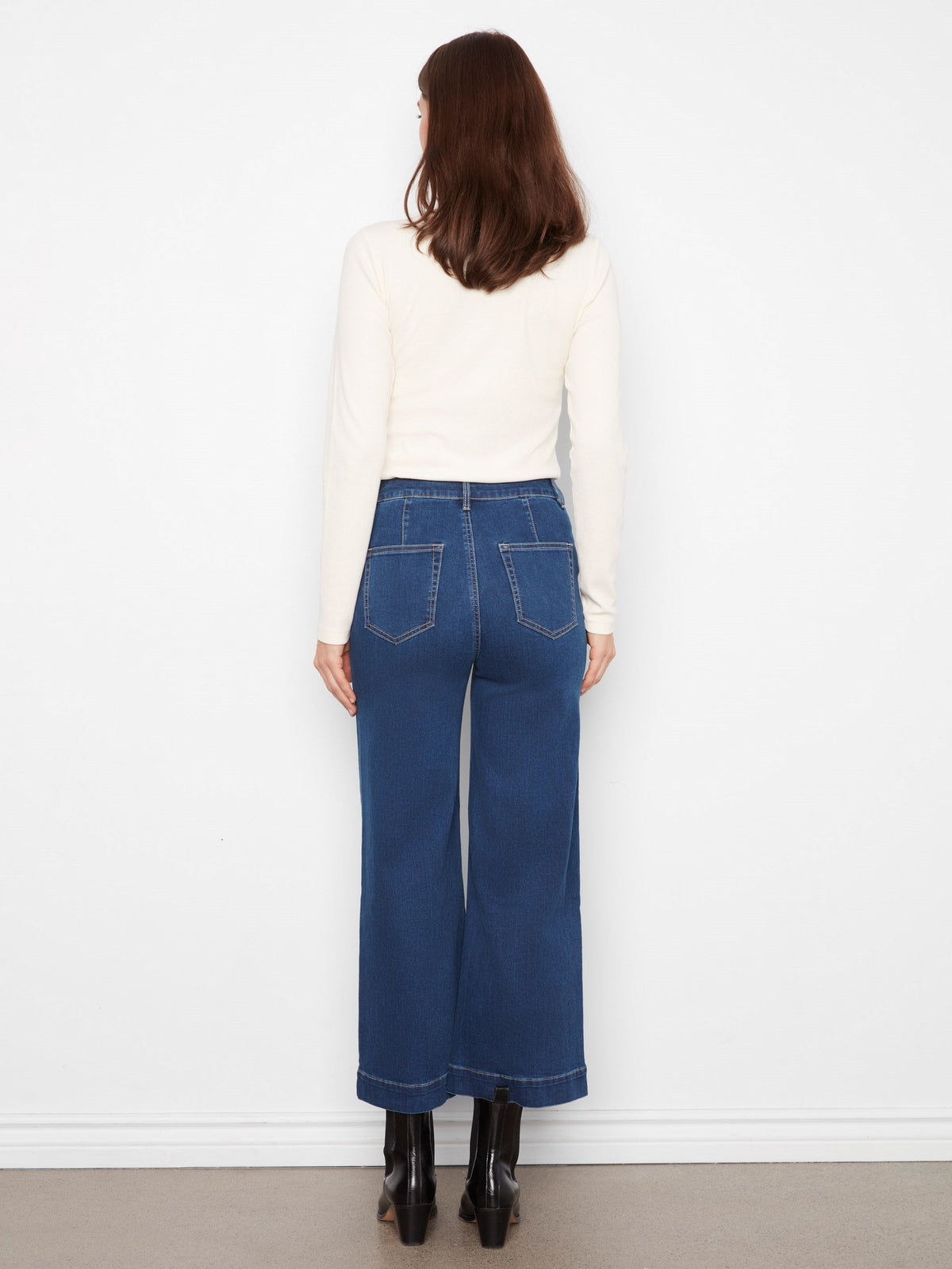 Cropped Patch Pocket Wide Leg Jeans - Indigo