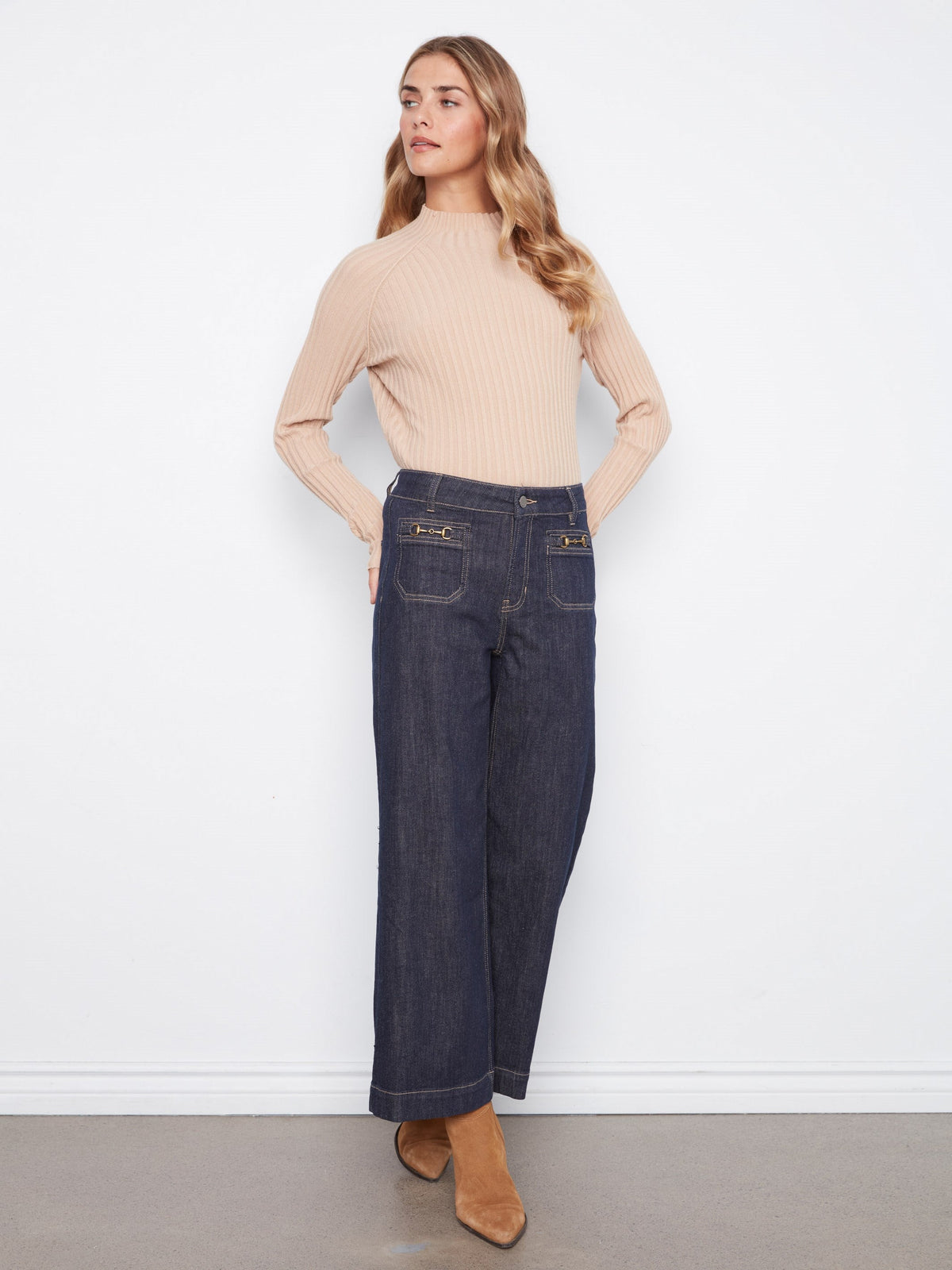 Cropped Patch Pocket Wide Leg Jeans With Horsebit Detail - Deep Blue