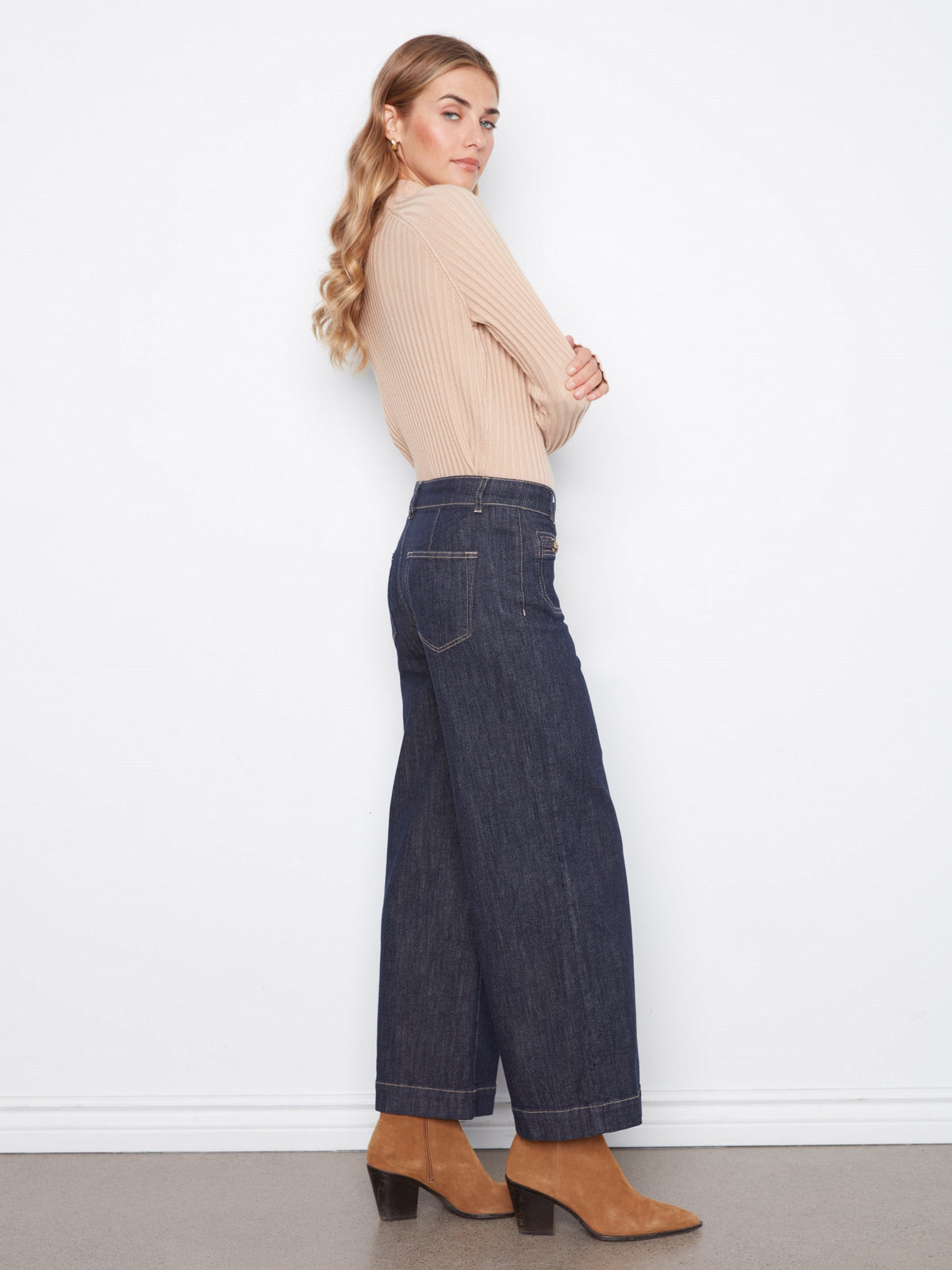 Cropped Patch Pocket Wide Leg Jeans With Horsebit Detail - Deep Blue
