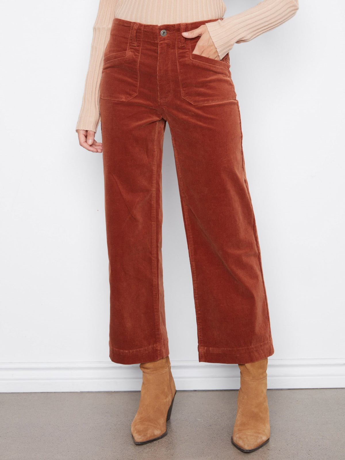 Cropped Wide Leg Stretch Corduroy Pants - Ginger