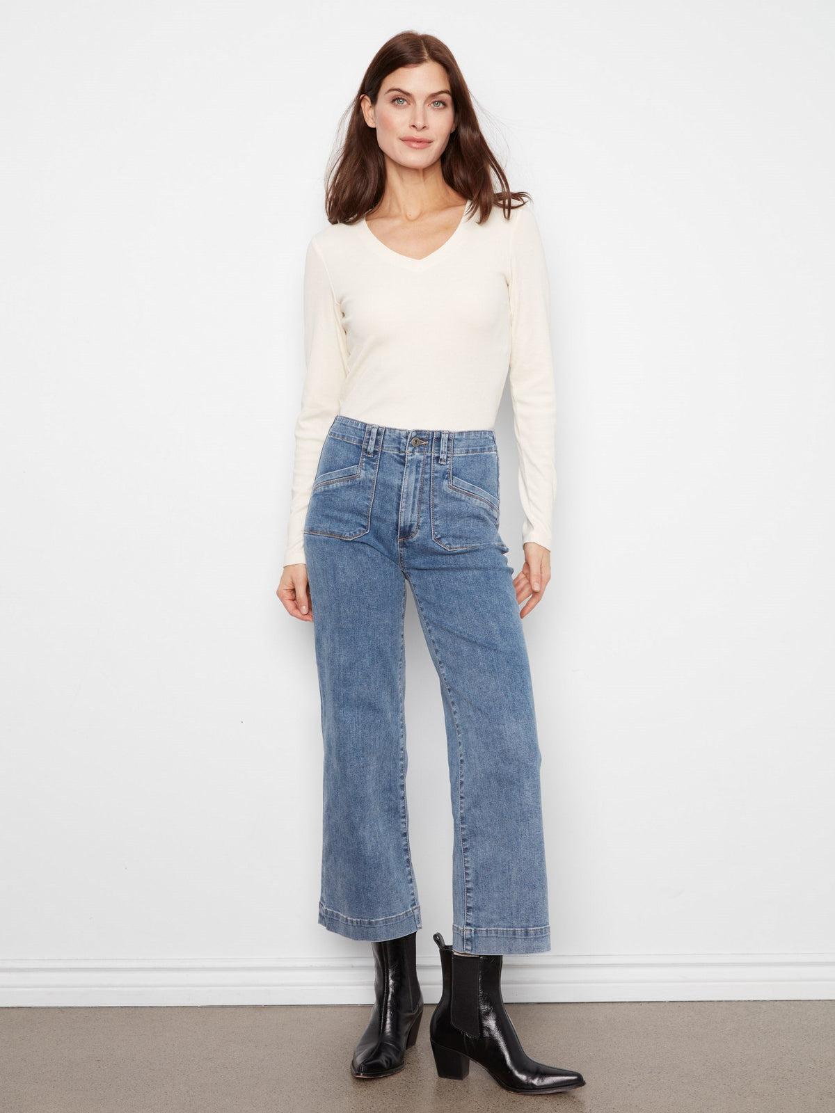 Cropped Wide Leg Stretch Jeans - Medium Blue