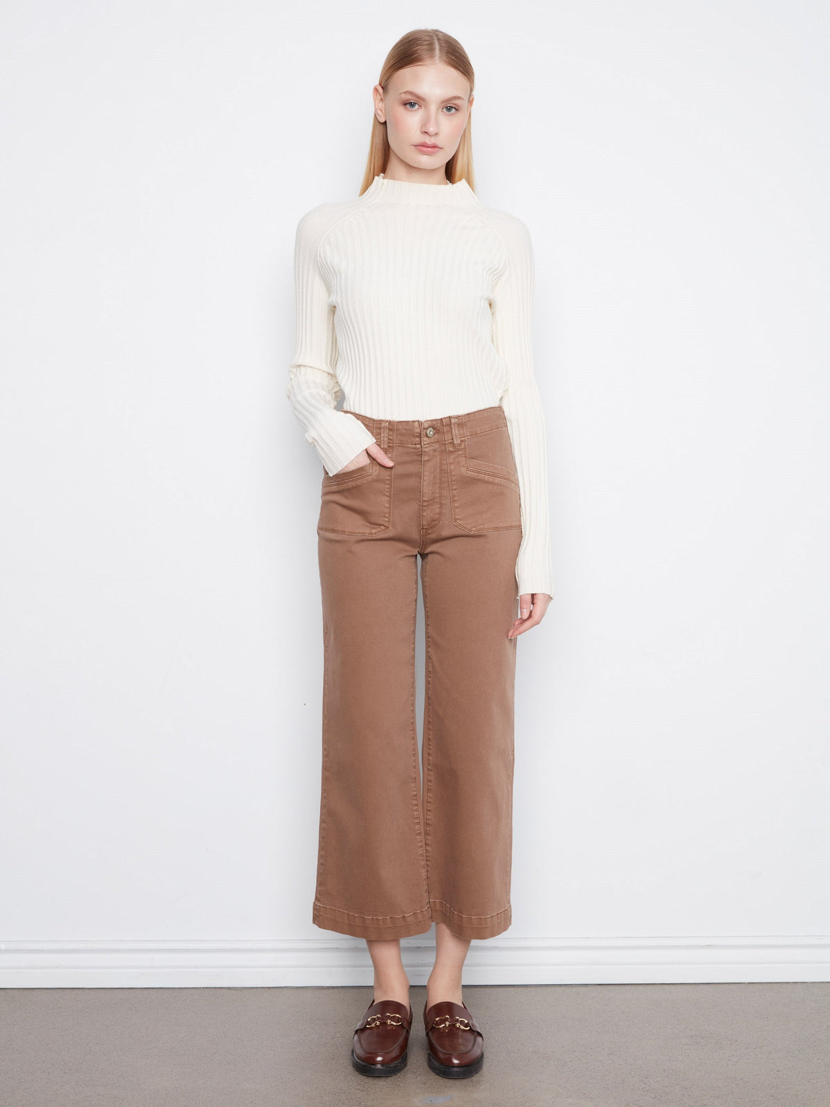 Cropped Wide Leg Stretch Twill Pants - Truffle