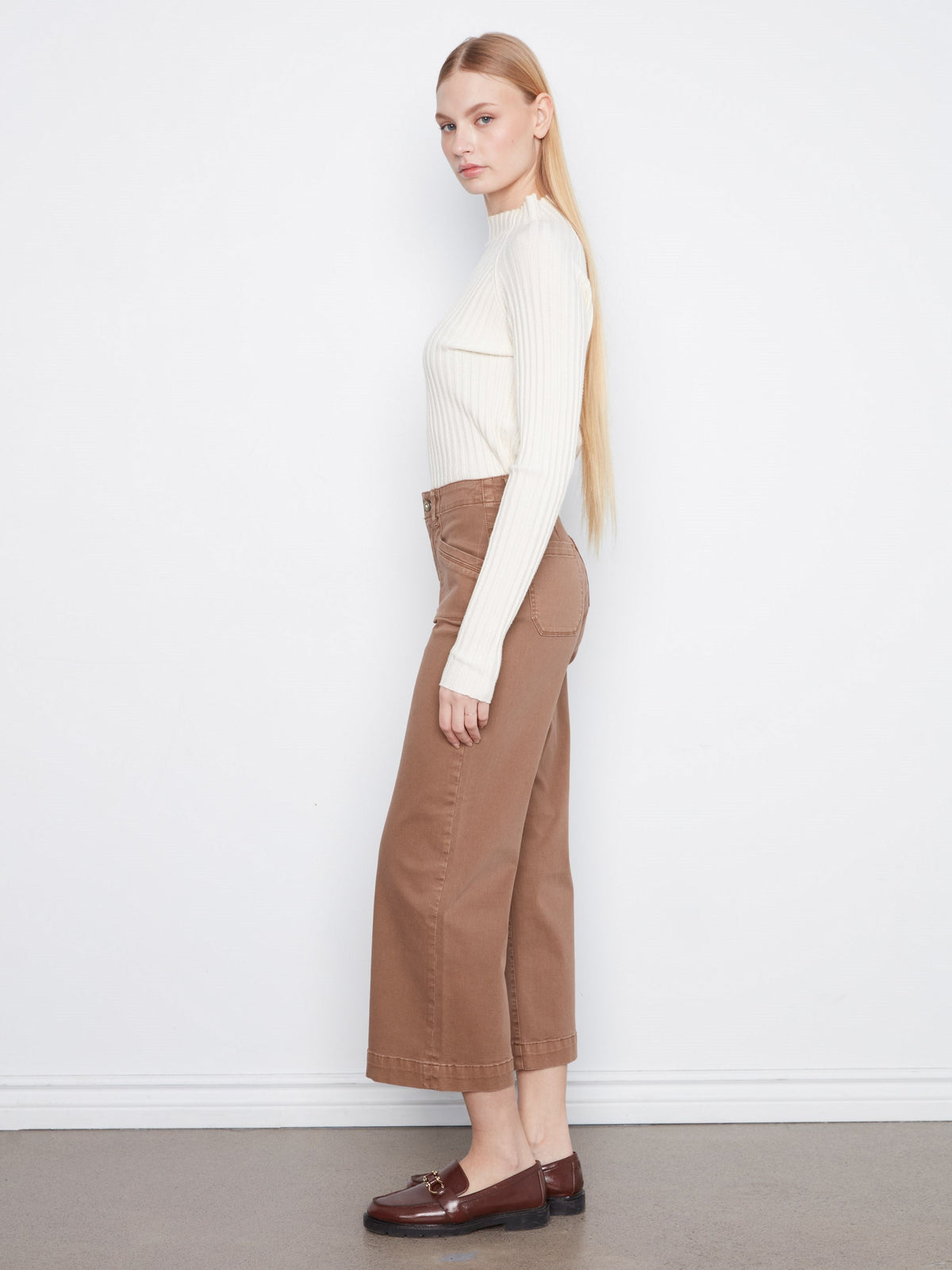 Cropped Wide Leg Stretch Twill Pants - Truffle