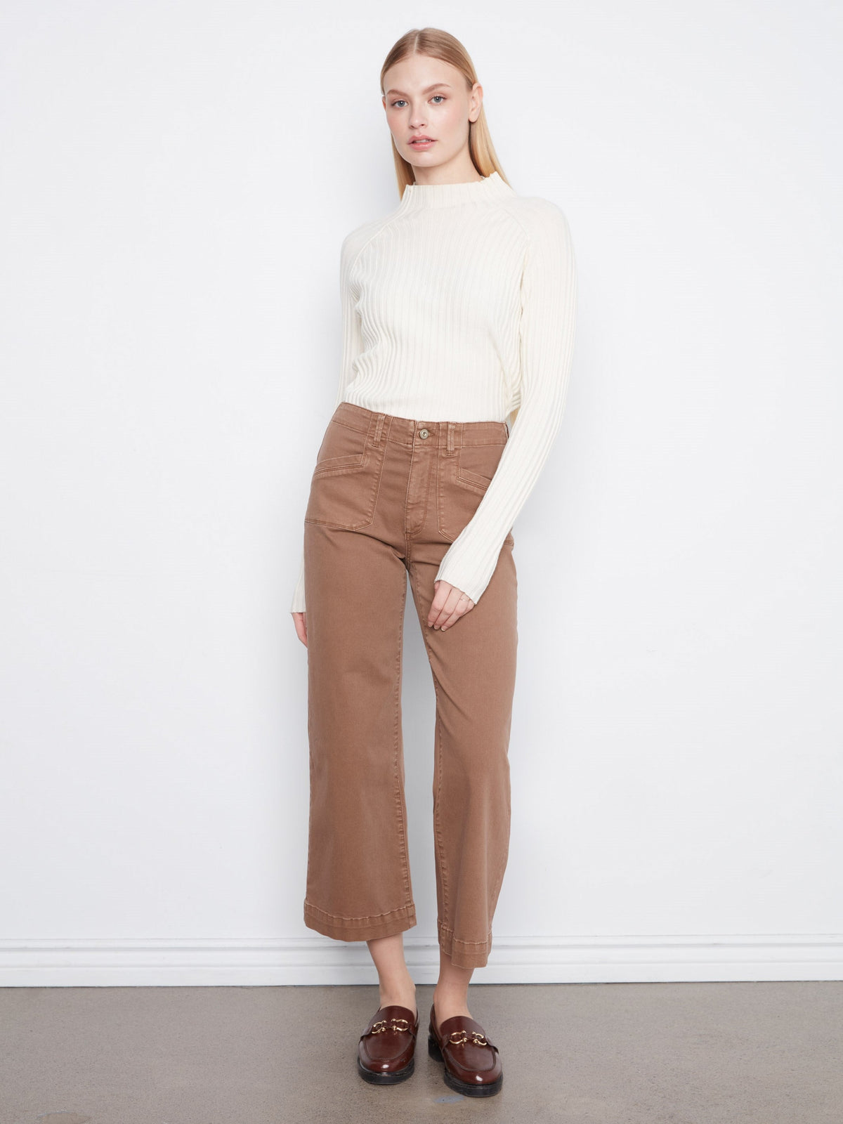 Cropped Wide Leg Stretch Twill Pants - Truffle
