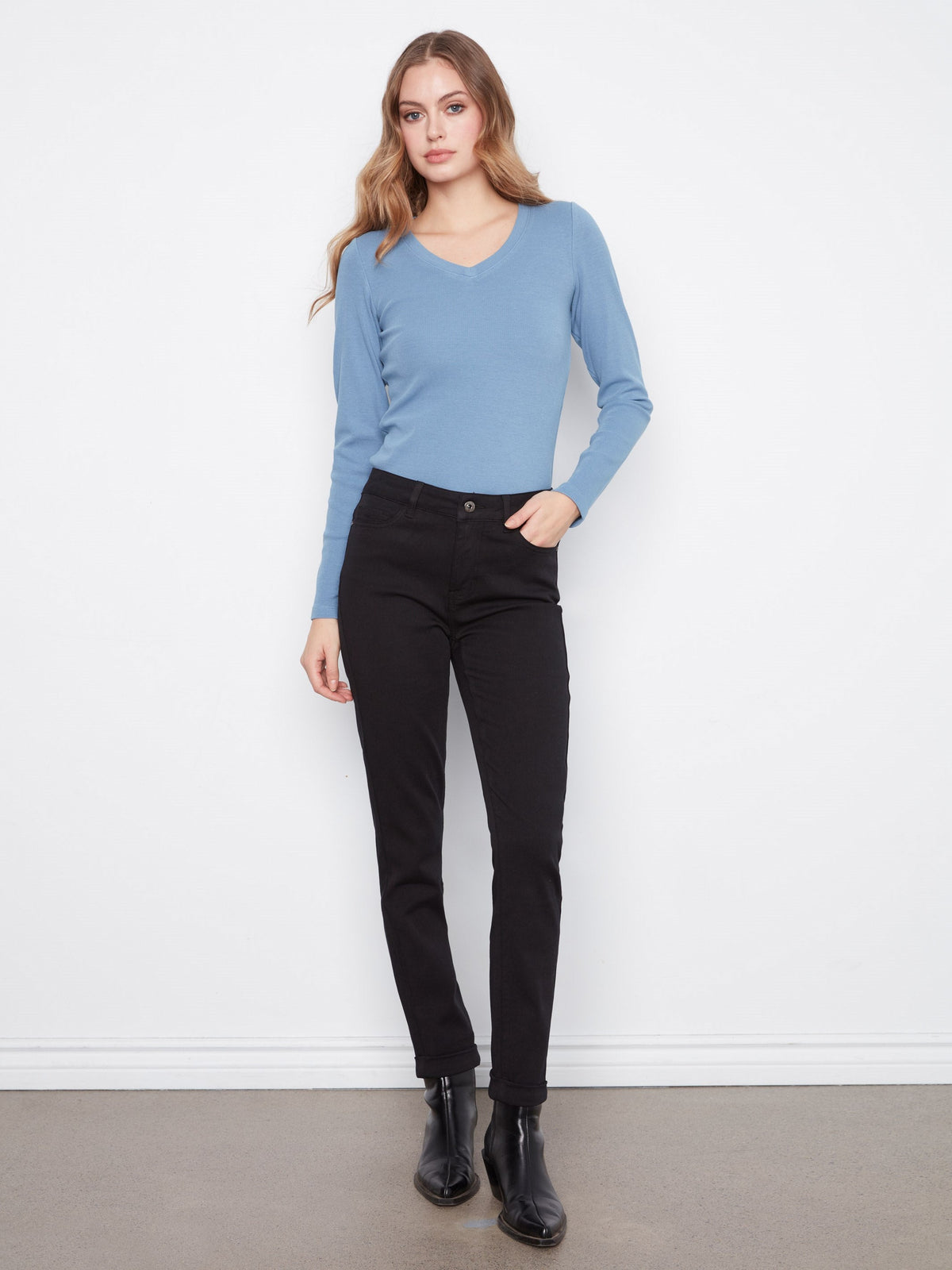 Cuffed Hem Twill Jeans - Black