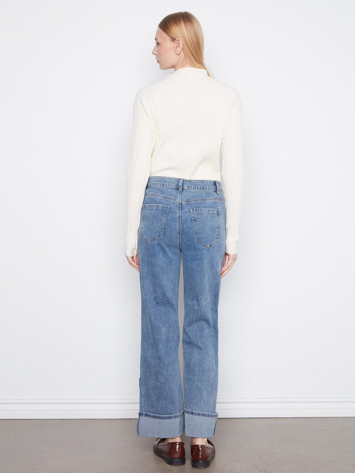 Cuffed Straight Leg Patchwork Jeans - Medium Blue